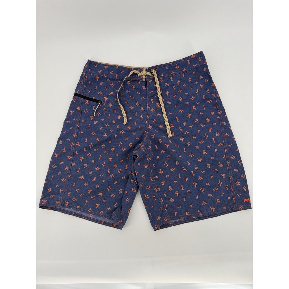 Patagonia Wavefarer Board Shorts Mens 33 Aztec Symbol Swim Trunks Blue Orange